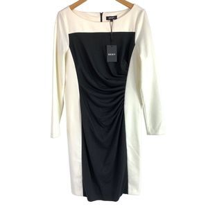 DKYN colorblock Long Sleeve Ruche Dress Size 14 NWT 6311 Sheath Zip Knit Women